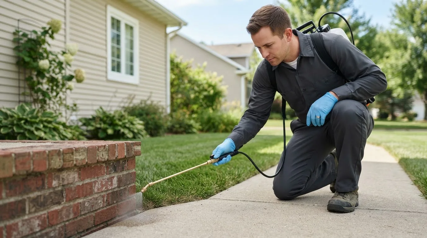 Pest control technician treating a home near Stanton, IA