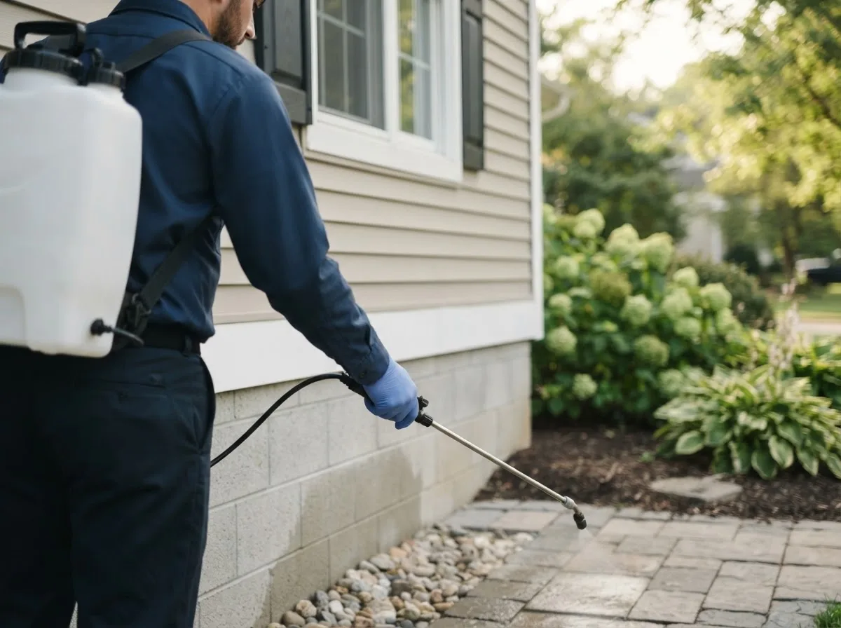 Pest control technician inspecting a home in Stanton, IA